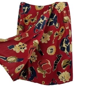 Theomiles Women's Silk Faux Wrap Pin Tuck Skirt Novelty Print Purse Shoes 8